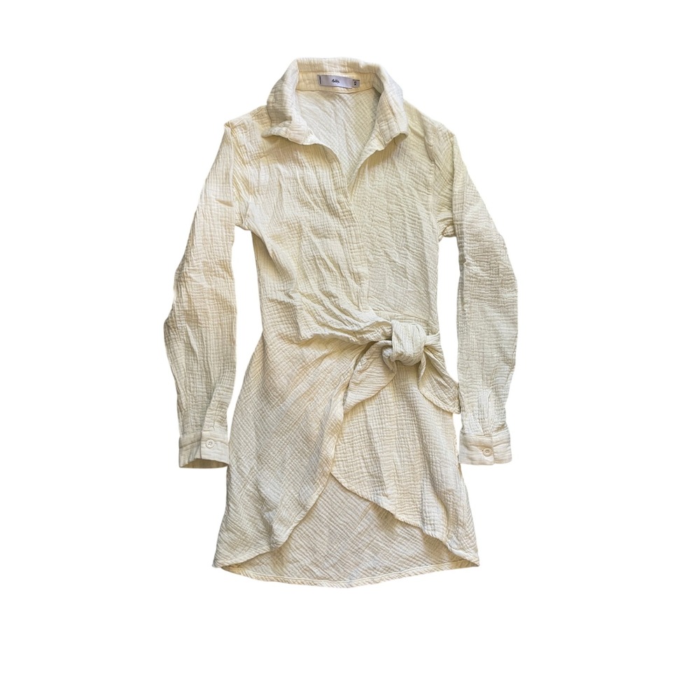 Adika Cream Cotton Gauze Wrap Mini Dress Long Sleeve Tie Front XS